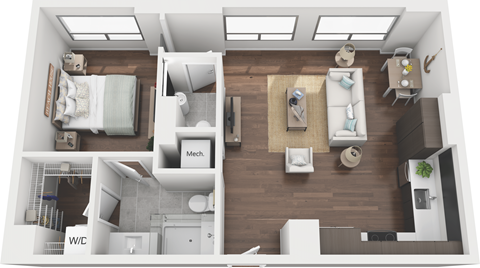 Floor plan for 1 bed, 1.5 baths, 722 sqft